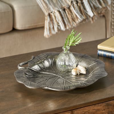 Roomfitters Vintage Metal Leaf Decorative Tray, Centerpiece Platter, Rustic Table Decor, Antique Gray