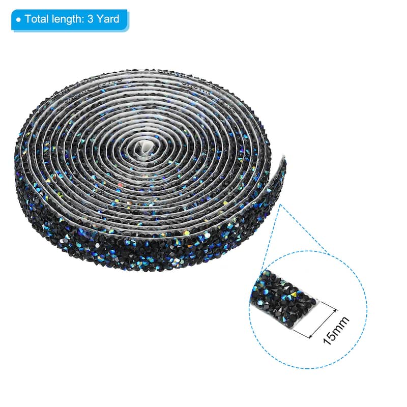 3 Yards Resin Rhinestone Ribbon Crystal Strips Self Adhesive, AB - Black - 15mm