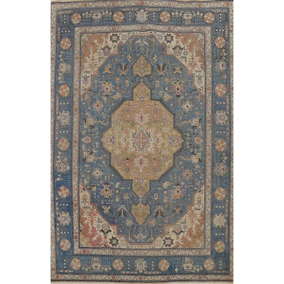 Geometric Blue Tabriz Persian Vintage Area Rug Handmade Wool Carpet - 6'6"x 9'8"