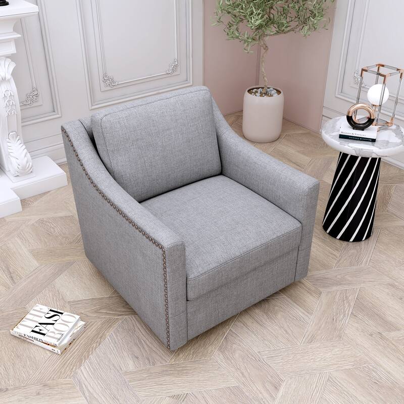 Swivel Barrel Chair, Linen Upholstered Accent Armchair with Ergonomic Design & Brass Nailhead Trim for Living Room, Bedroom