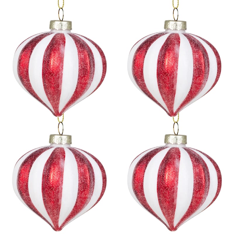 4Ct Red White Glittered Candy Cane Onion Glass Christmas Ornaments 3"