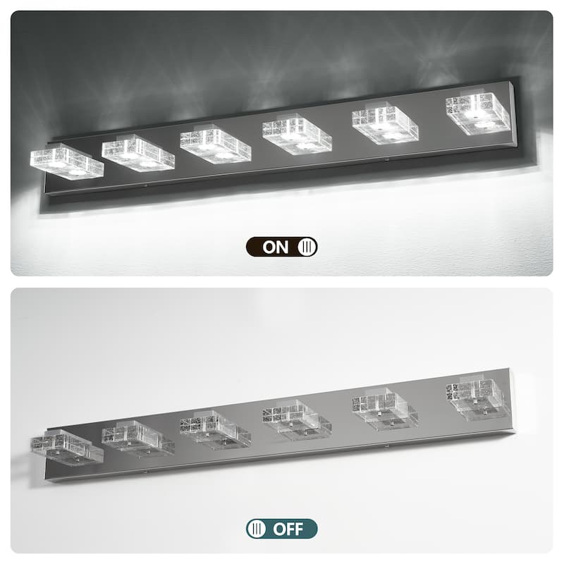 38" Modern Chrome 6-Light LED Vanity Light, Square Acrylic Lampshades Wall Mount Fixture for Bathroom, Mirror Lighting