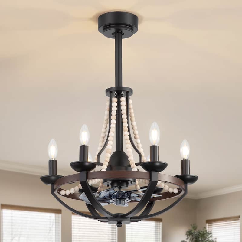 22-Inch Decorative Chandelier Ceiling Fan with Light and Remote - Matte Black with bead accents
