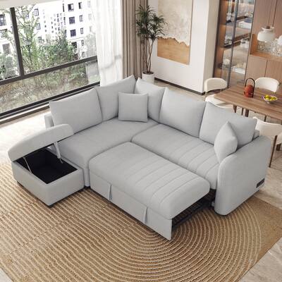Grey 82.6" L-Shaped 5-Seater Sleeper Sofa with Ottoman