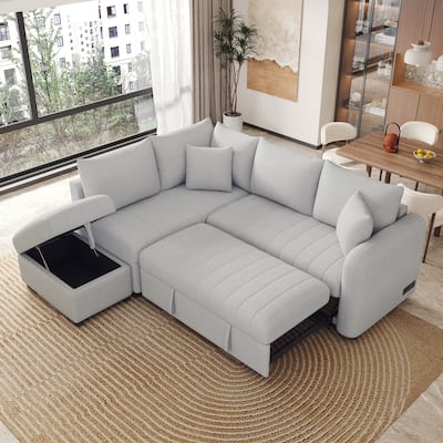 L-Shaped Sectional Sofa Bed with Movable Ottoman and USB Ports