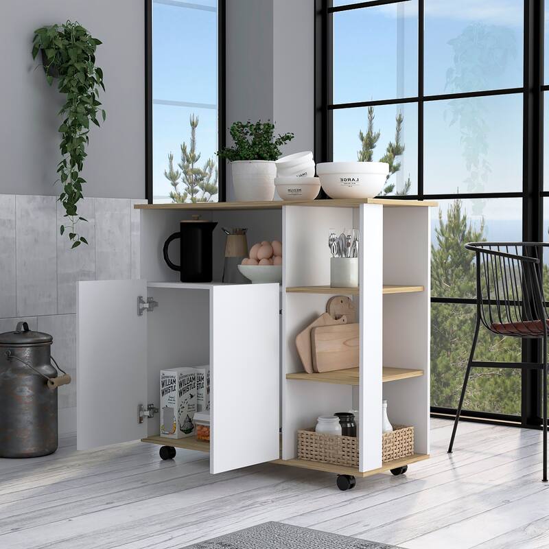 Compact Kitchen Island Kamkacht, Light Oak / White, 1 Cabinet, 4 Shelves, Locking Casters for Stability