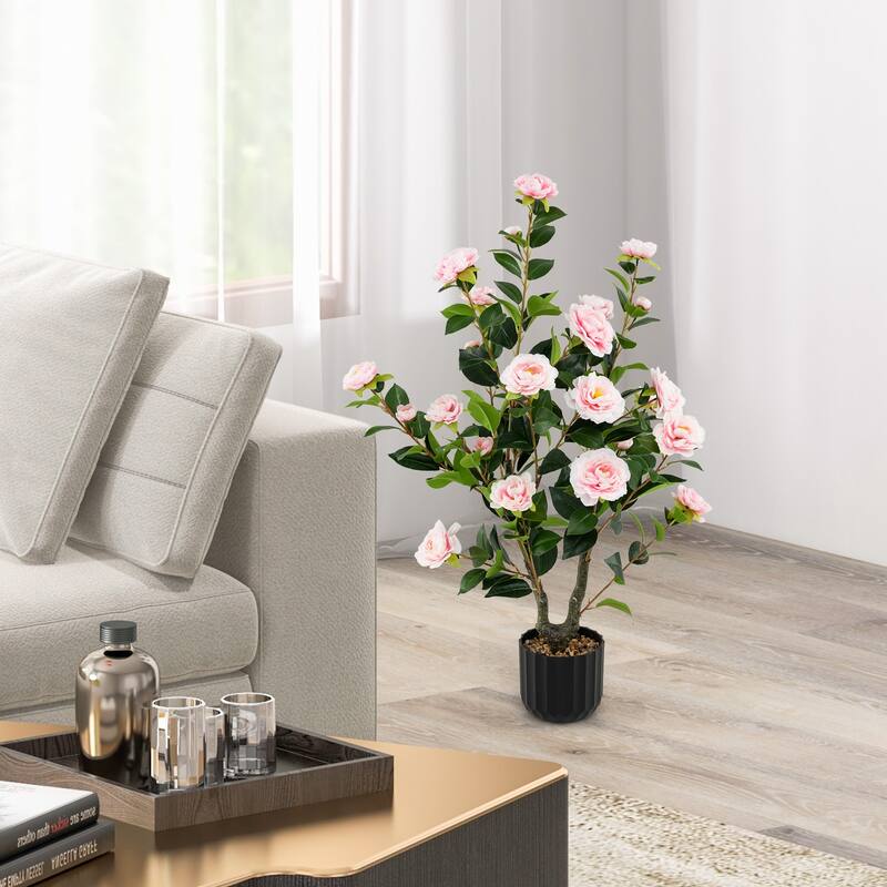 Artificial Pink Camellia Tree 38" with Silk Flowers and Rubberized Leaves in Decorative Pot - Multi