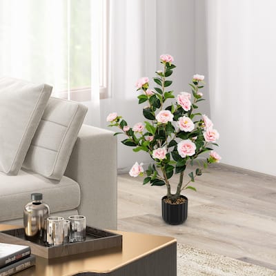 Artificial Pink Camellia Tree 38" with Silk Flowers and Rubberized Leaves in Decorative Pot - Multi