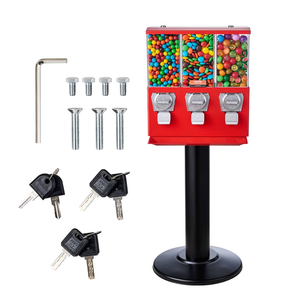 VEVOR Commercial Vending Machine, Triple Compartment Candy Dispenser with Iron Stand, Gumball and Candy Machine