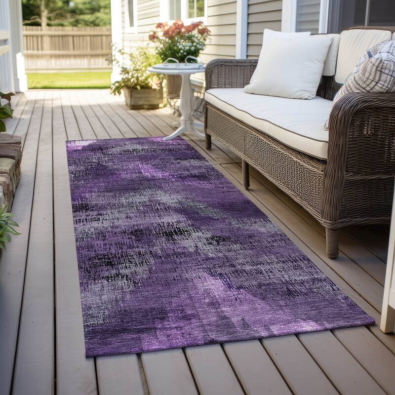 Machine Washable Indoor/ Outdoor Chantille Distressed Chevron Rug - Purple - 2'3" x 7'6"