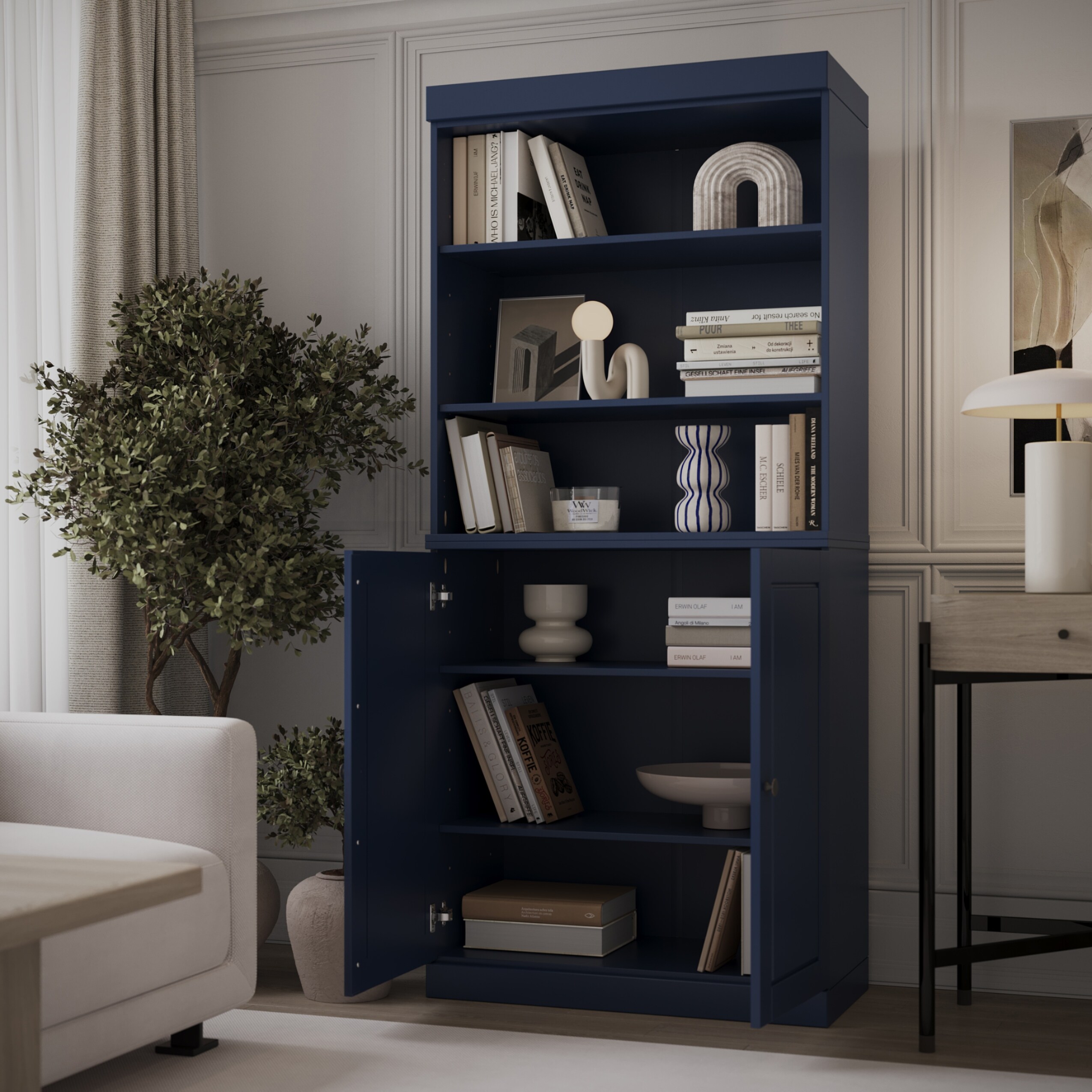 100% Solid Wood Tall Bookcase Cabinet with Doors & Adjustable Shelves, 32" W x 71.5" H, Palace Imports