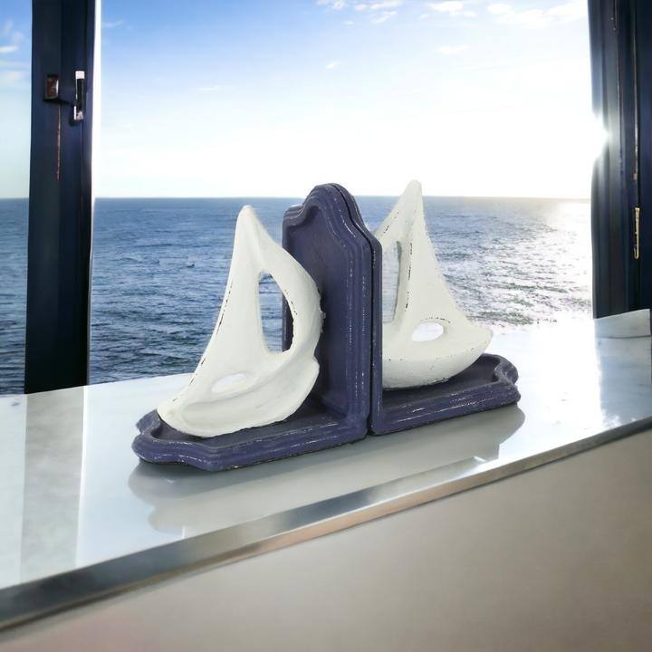 Ceili Blue Cast Iron Sail Boat Bookends - Blue