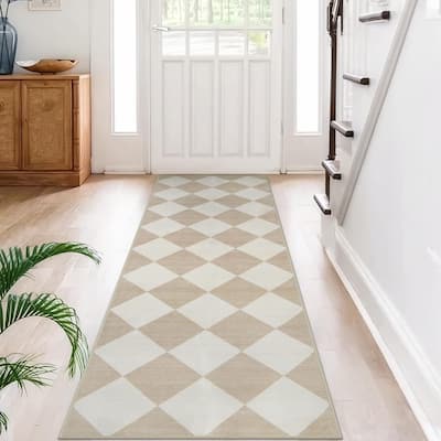 Checkered Long Hallway Runner Rug Non Slip, Beige