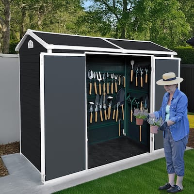 Rust-proof Outdoor Resin Garden Shed with Double Lockable Hinged Door, Waterproof Plastic Storage Shed Tool Shed