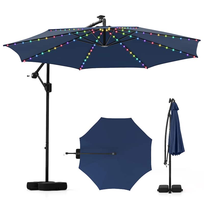 Costway 10 FT Solar Offset Hanging Umbrella with Base Patio Cantilever - Navy