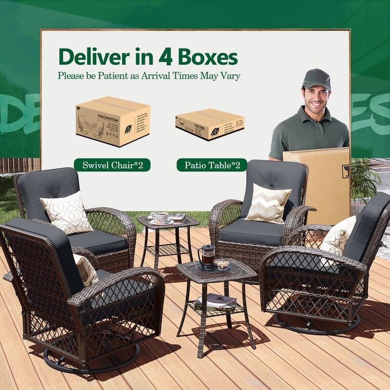 Patio Watcher 6-Piece Brown Wicker 360-Degree Patio Conversation Outdoor Rocking Chair Set with Cushions