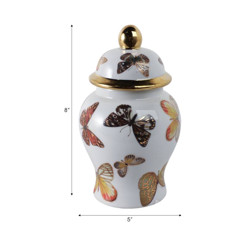 Ceramic Decorative Temple Jar with Lid and Metallic Butterfly Motif