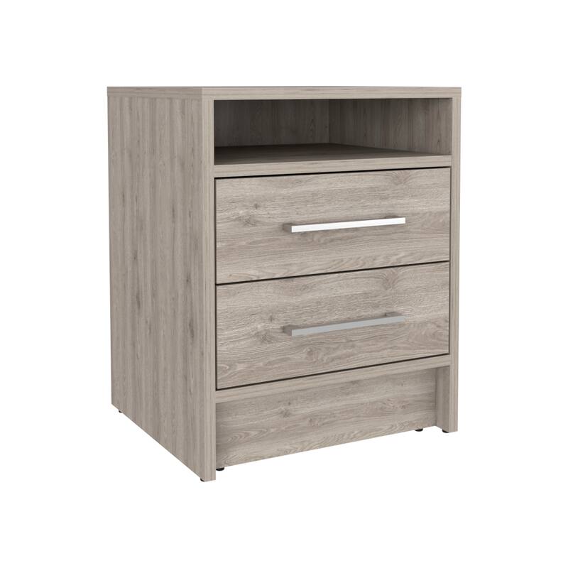Light Gray Nightstand with Two Drawers and Open Shelf, Metal Handles