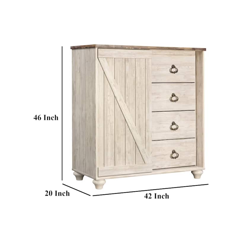 Isla Dresser Chest, 4 Drawer, Sliding Barn Door, Brown Top, Whitewash