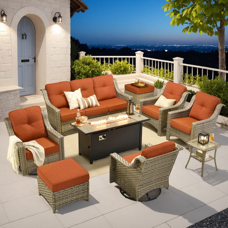 OVIOS 9 Pieces Outdoor Swivel Chairs Set with 54" Fire Table​