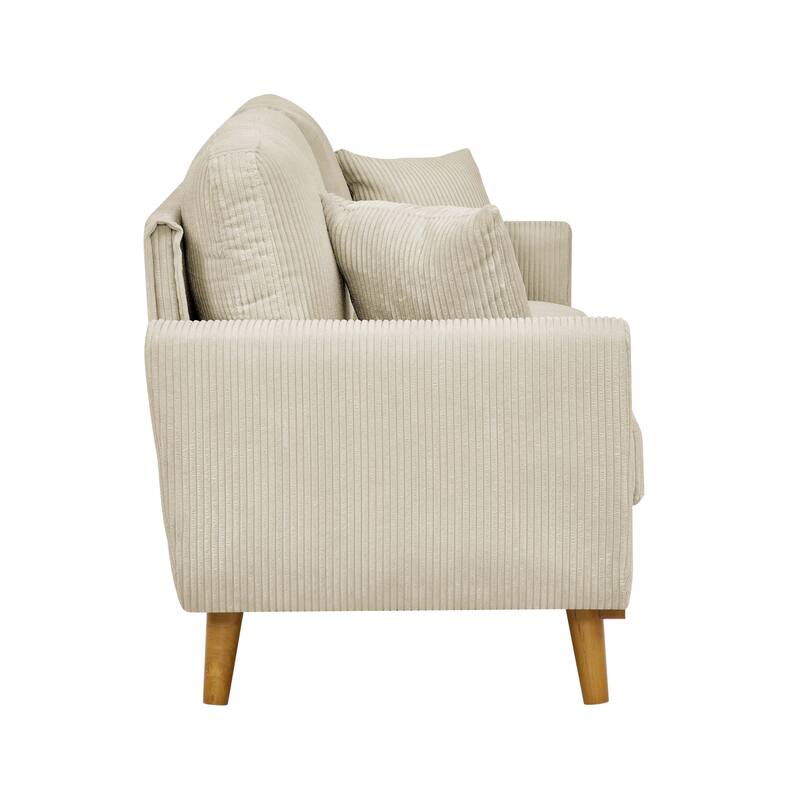 Asher Mid-Century Corduroy Sofa,Flared Arms,And A Sturdy Solid Wood Frame With Tapered Legs In A Warm Walnut Finish.