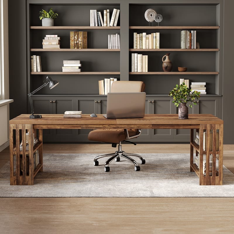 Two Person Desk with Bookshelf Computer Office Double Desk