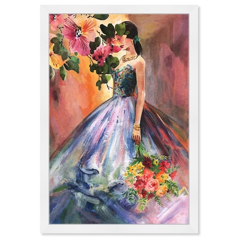 "Floral Fragrance Gown", Flower Princess Dress Traditional White Framed Wall Art Print for Bedroom