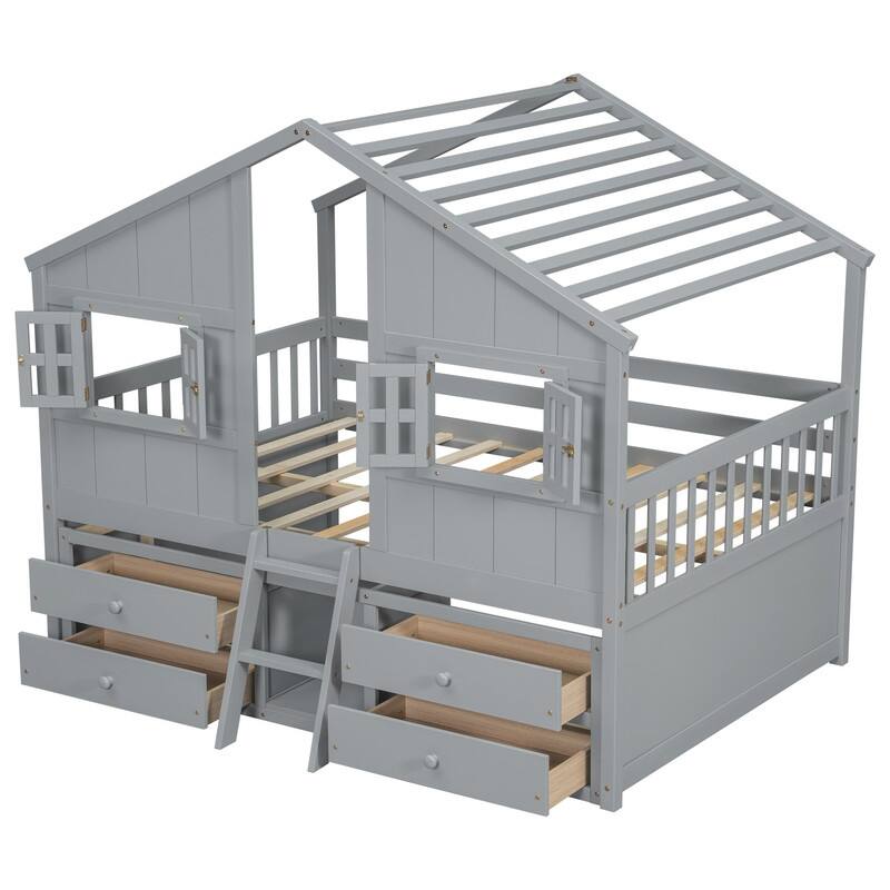Full Size House Loft Bed with Roof, Windows,4 Storage Drawers with Guardrails