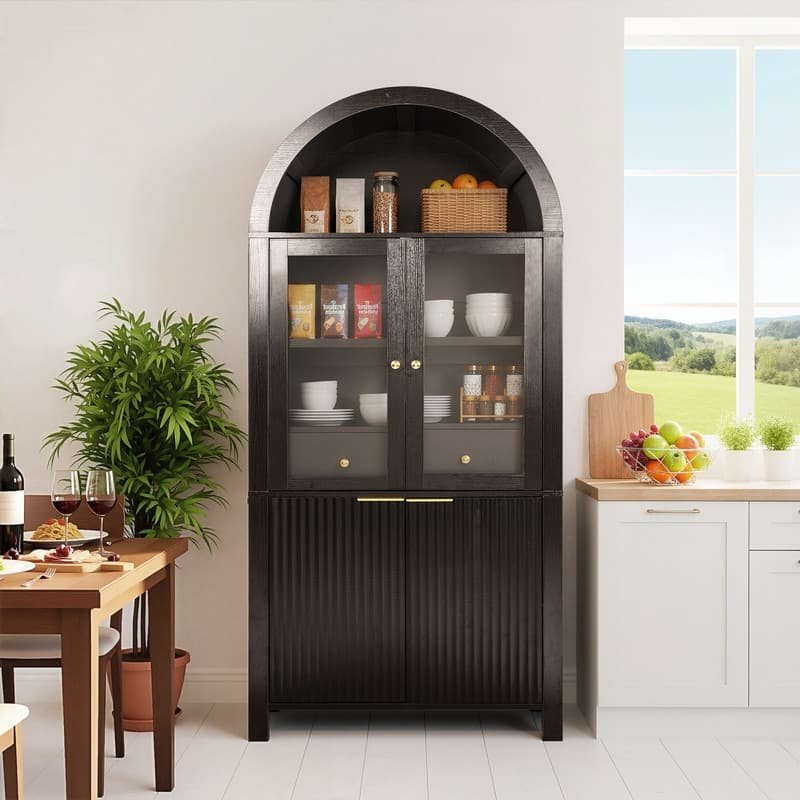 71" Tall Fluted Arched Pantry Cabinet with Glass Doors and Adjustable Shelves for Elegant Kitchen Storage - Black