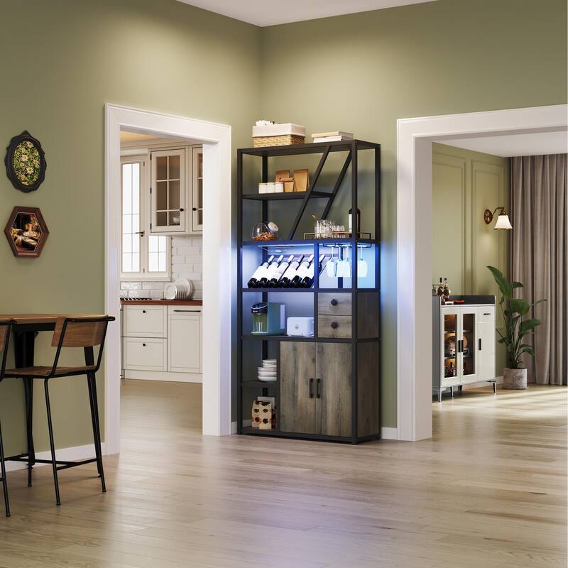 Wine Bar Cabinet with LED Lights, Tall Coffee Bar Station with Power Outlets and Wine Rack