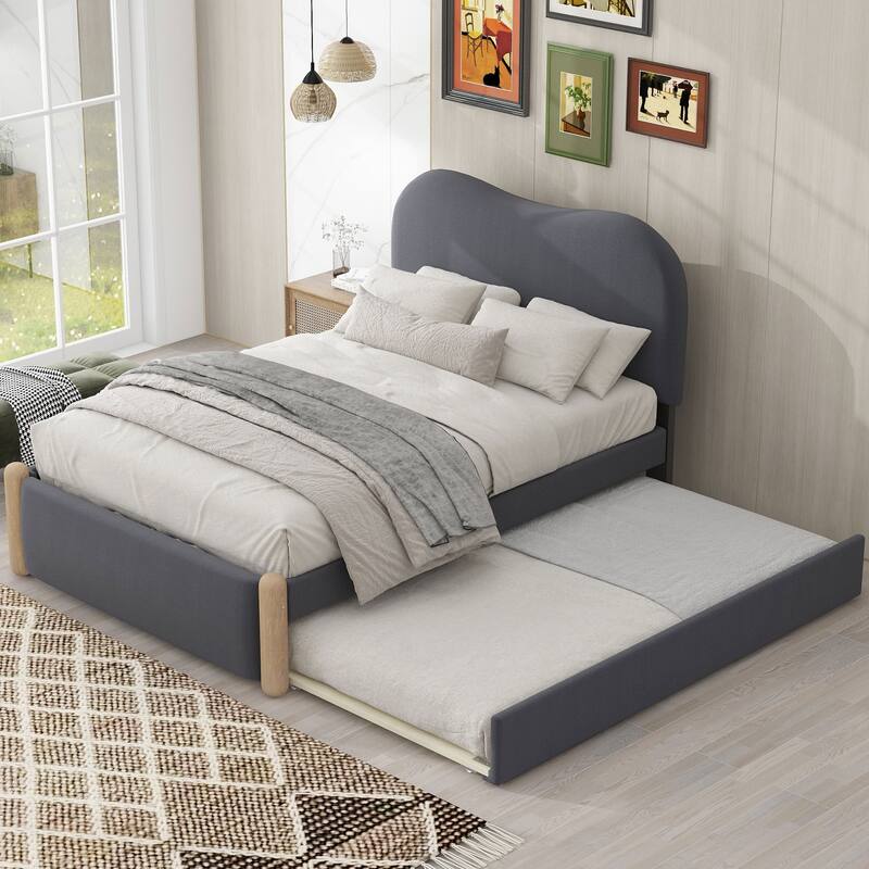 Twin Classic Upholstered Platform Bed Berber Fleece Upholstered with Twin Size Trundle, Curve Design Headboard, Slat Support