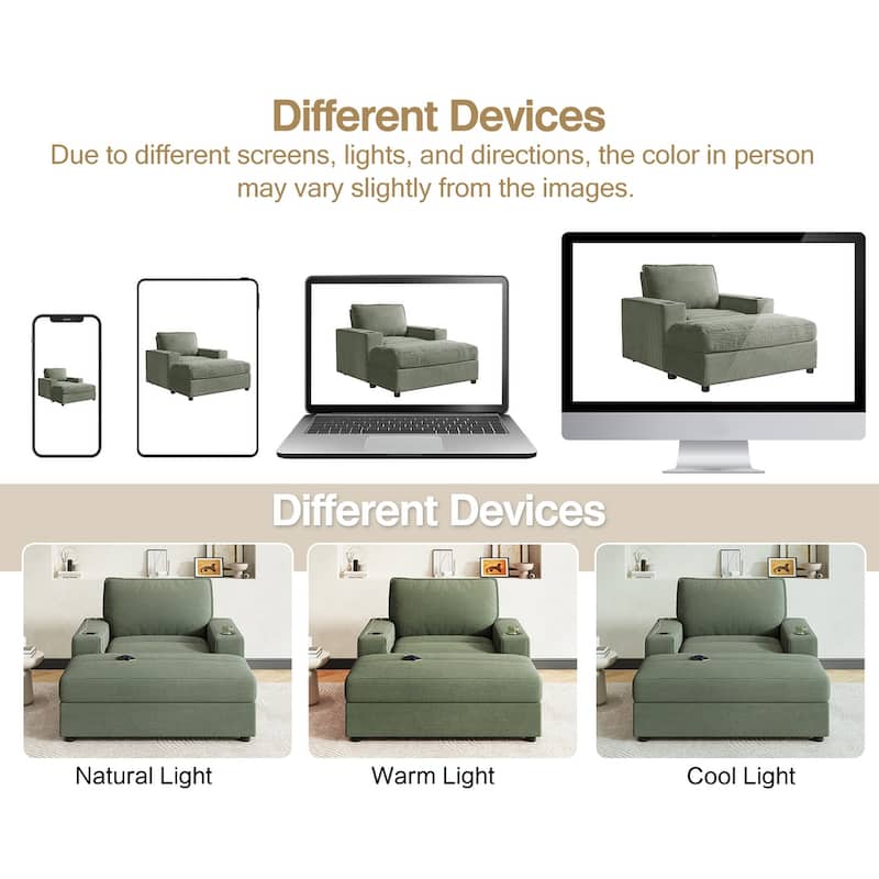 42.8" Oversized Chaise Lounge Chair with Storage Ottoman, Corduroy Sofa Bed with Cup Holders & USB Charging Port