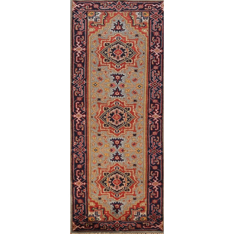 Geometric Heriz Serapi Runner Rug Hallway Hand-Knotted Wool Carpet - 2'6"x 7'10"
