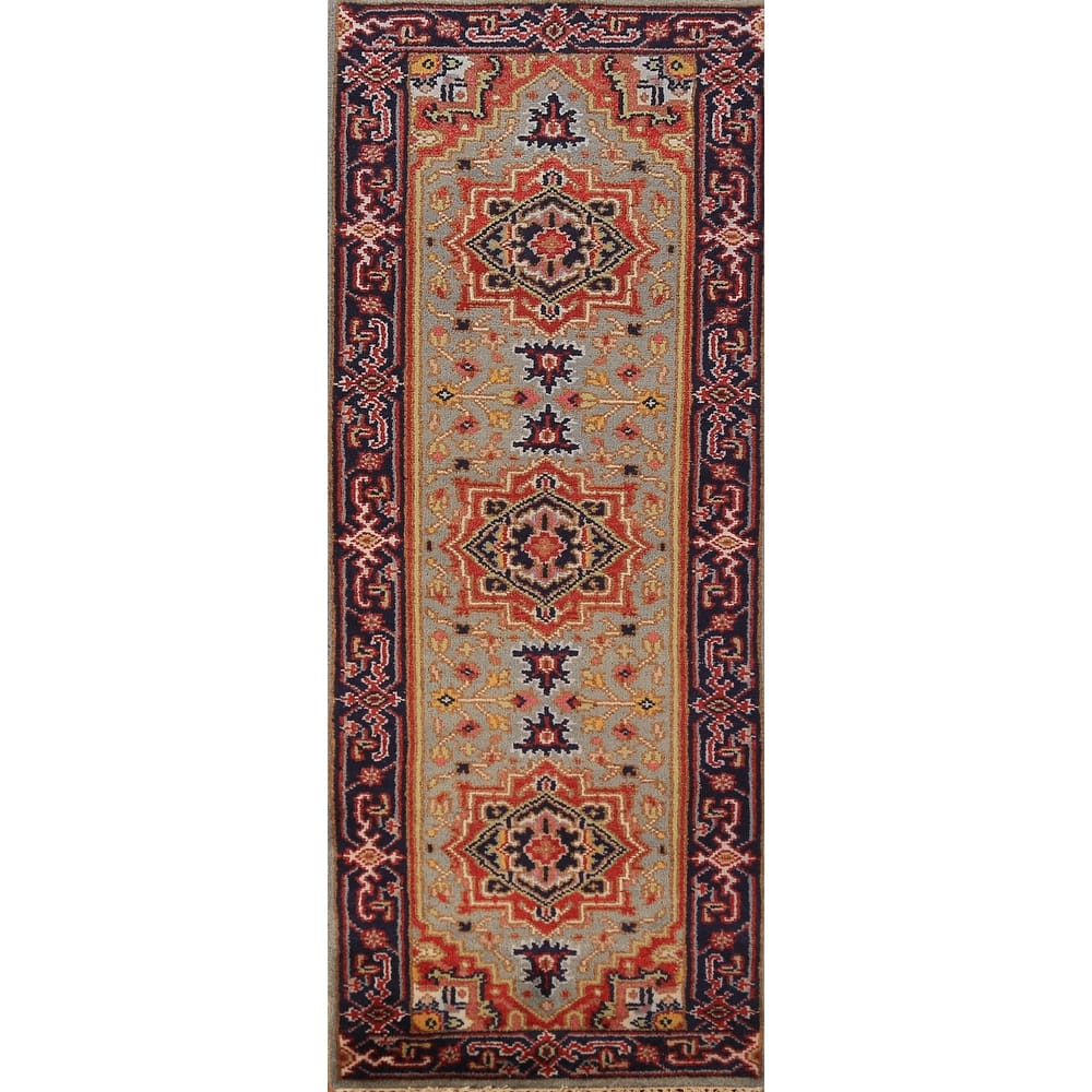 Geometric Heriz Serapi Runner Rug Hallway Hand-Knotted Wool Carpet - 2'6"x 7'10"