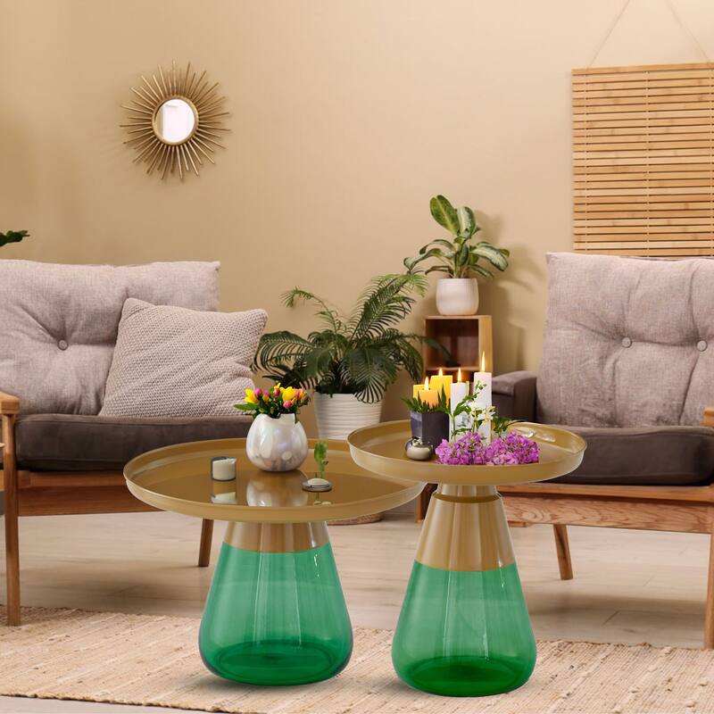 Gold Titanium Coffee Table Set of Two with Glass Base Modern Accent - 24x17 19x20