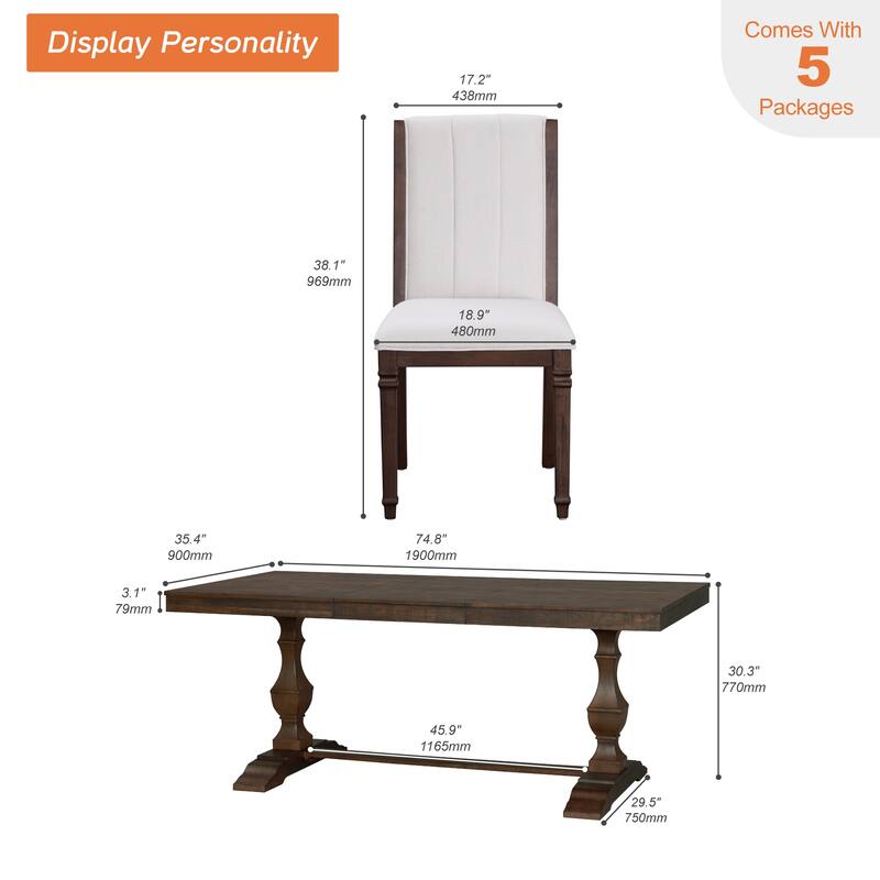7-pieces Farmhouse Dining Table Set for 6, 74.8" Kitchen Table with Chairs, Solid Wood Legs and Upholstered Back