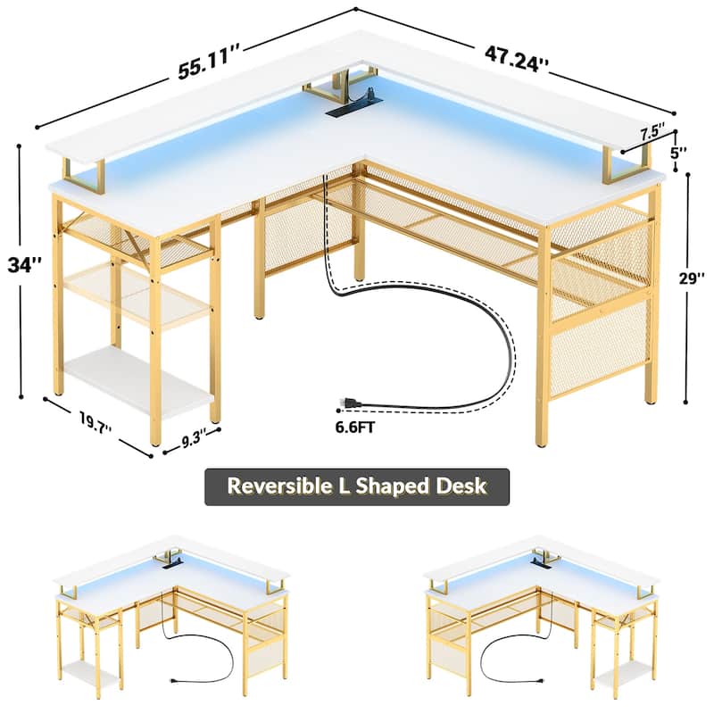 L Shape Computer Desk Reversible Gaming Desk with Charge Station and LED Light