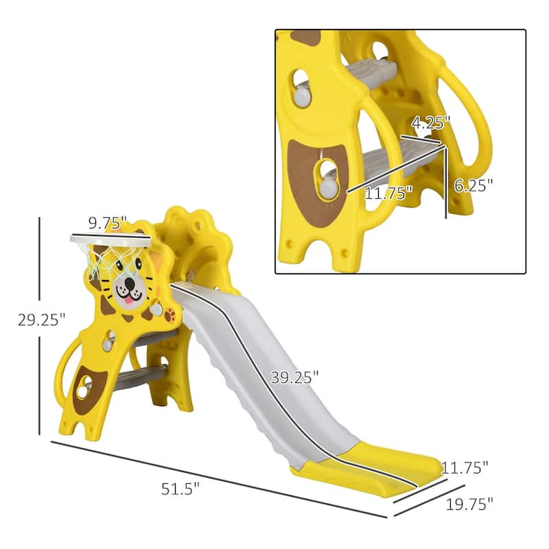 Yellow Grey PE 3-in-1 Kids Slide with Climber and Basketball Hoop - 51.5" L x 19.75" W x 29.25" H