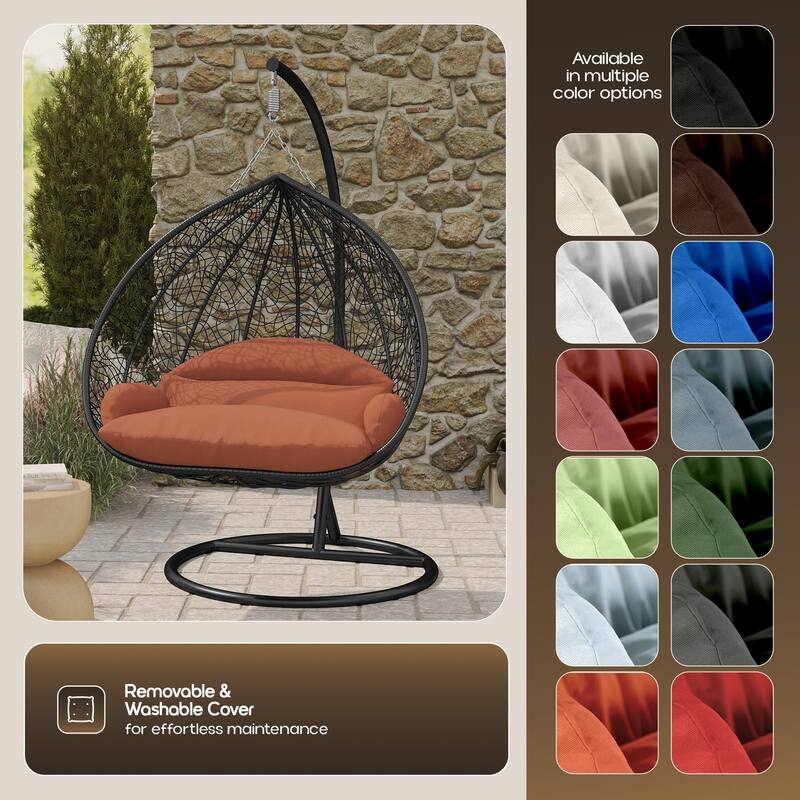 2-Person Outdoor Hanging Egg Chair with Teardrop Frame, Weather-Resistant Cotton Cushioned Seat for Patio and Indoor Use