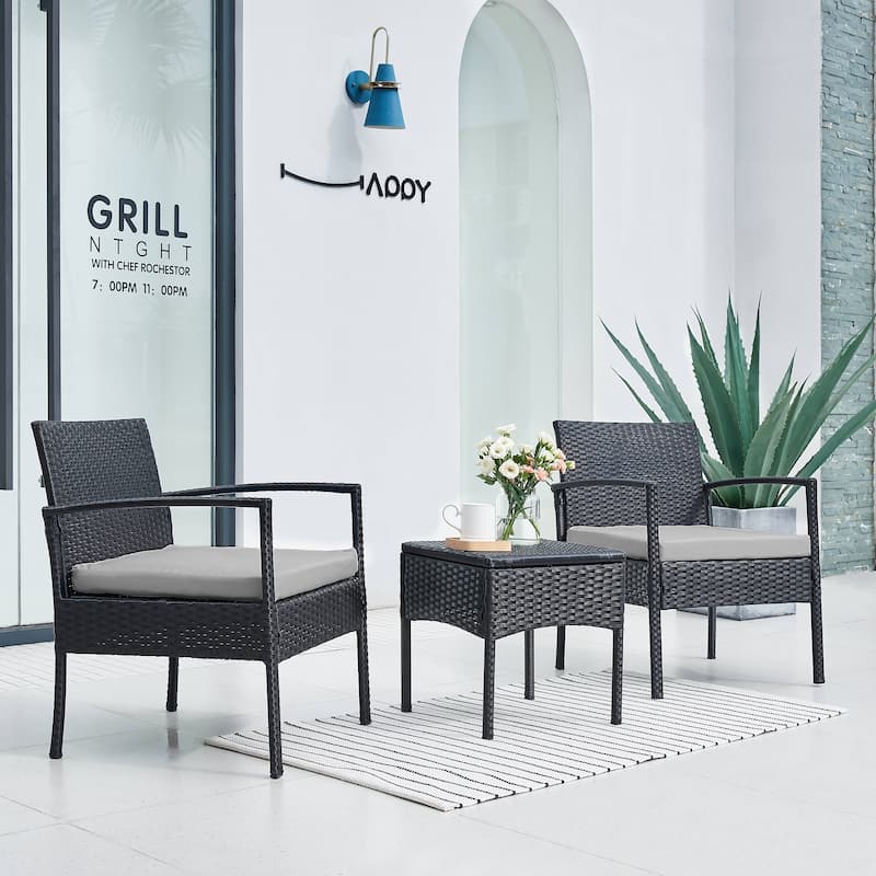 Outdoor Furniture 3 Piece Patio Bistro Furniture Set, Rattan Conversation Chairs Set with Side Table and Cushions - Tan