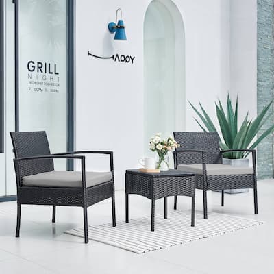 Outdoor Furniture 3 Piece Patio Bistro Furniture Set, Rattan Conversation Chairs Set with Side Table and Cushions