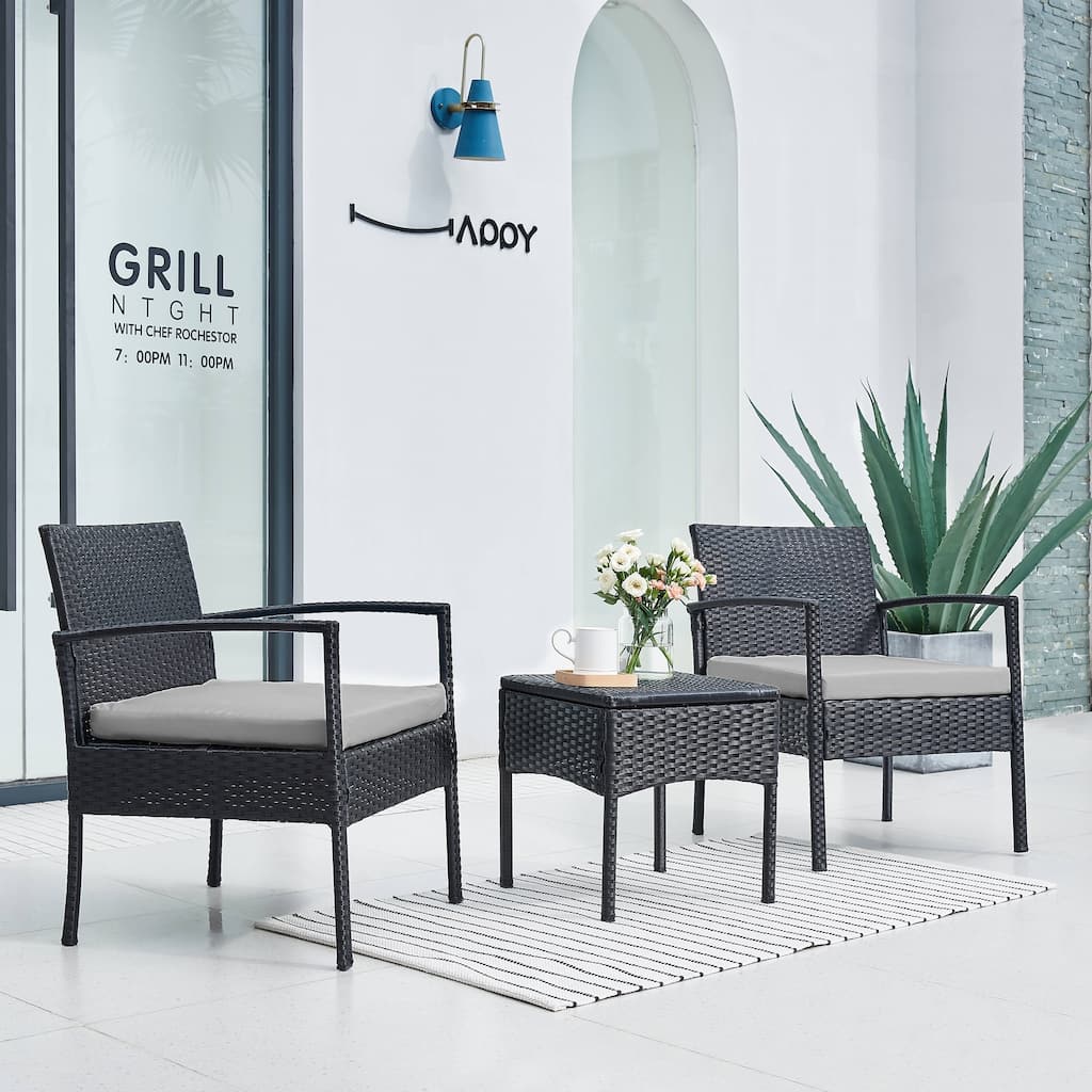Outdoor Furniture 3 Piece Patio Bistro Furniture Set, Rattan Conversation Chairs Set with Side Table and Cushions