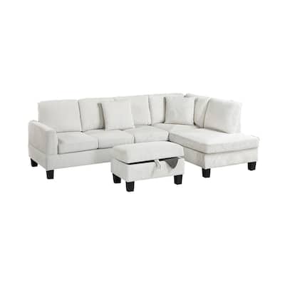 3pc Sectional Set RAF Chaise LAF Sofa Storage Ottoman Beige Color Corduroy Couch Pillows Modern Living Room