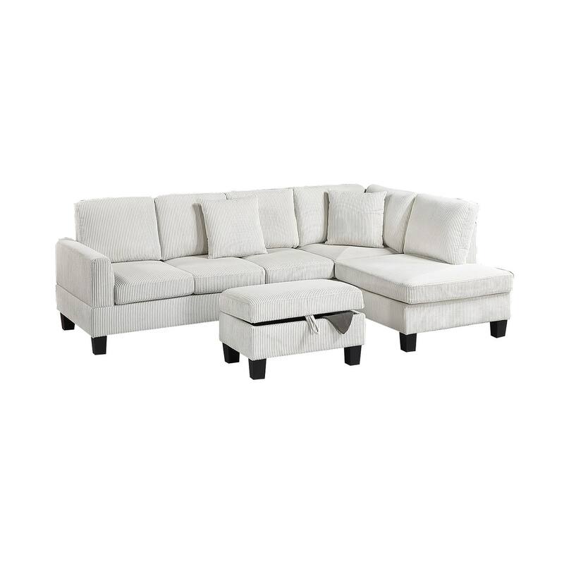 3pc Sectional Set with Chaise, Sofa & Storage Ottoman, Beige Corduroy, Pillows Included