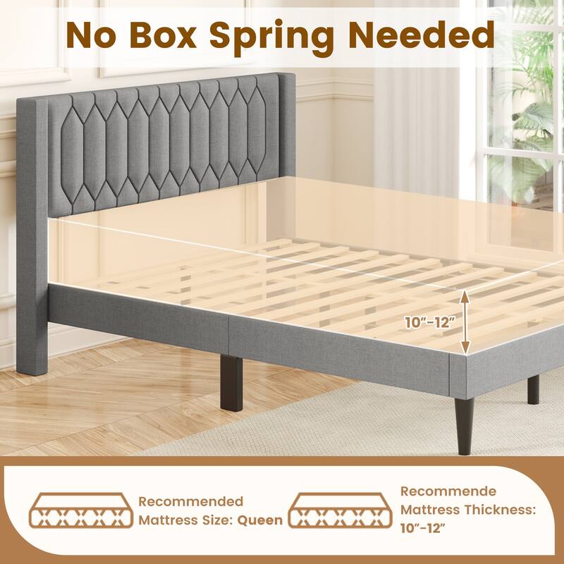 Modern Queen Velvet Upholstered Bed Frame with Cushioned Wingback and 10 Legs Slatted Platform