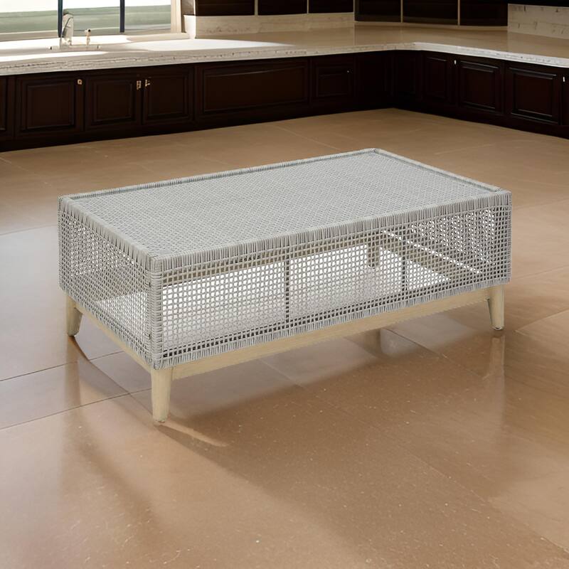 Yami 50 Inch Outdoor Coffee Table, Resin Wicker, Tempered Glass Top, Gray