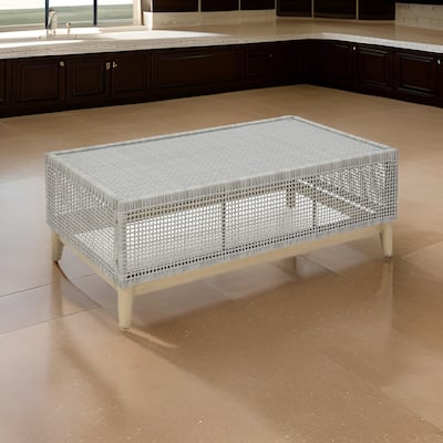 Yami 50 Inch Outdoor Coffee Table, Resin Wicker, Tempered Glass Top, Gray