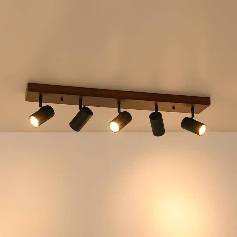 Farmhouse 5-Light Walnut Wood Rectangle Flush Mount Track Light