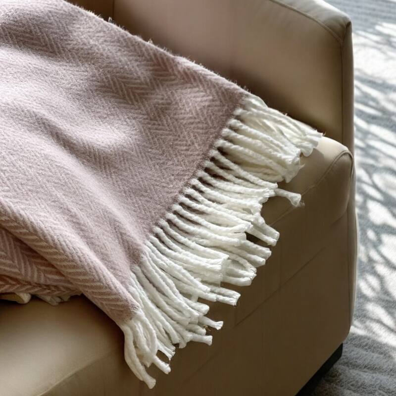 HomeRoots 70" X 55" Pink And White Cotton Blend Woven Herringbone Plush Throw Blanket with Tassels