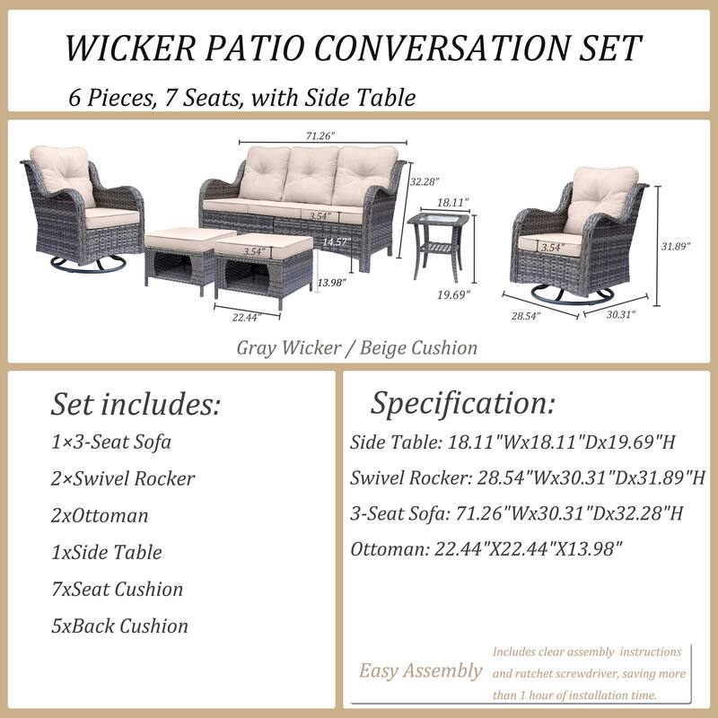 Outdoor Wicker Patio Conversation Seating Sofa Sets with Swivel Chairs